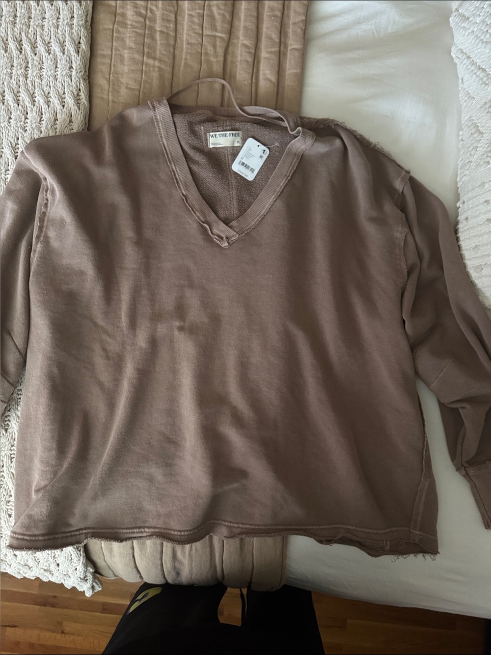 NWT We The Free Distressed V-Neck Sweatshirt in Taupe